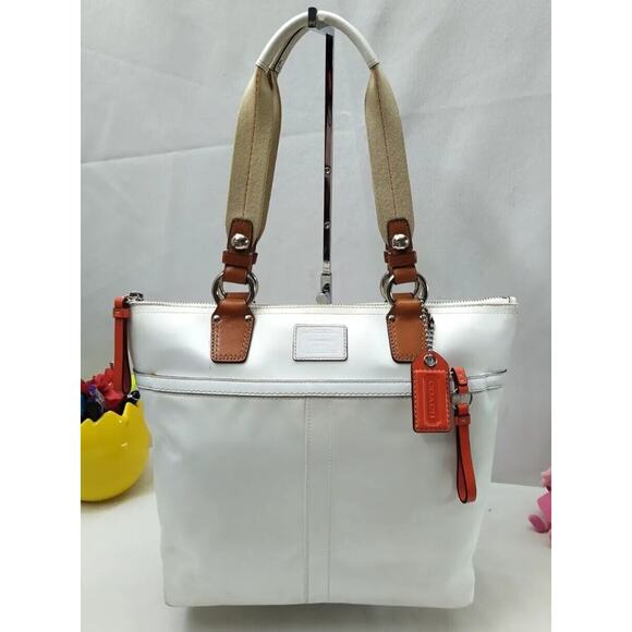 Coach Park White Nylon Leather Trim Double Handle Zipper Closure Tote Bag - Picture 1 of 16